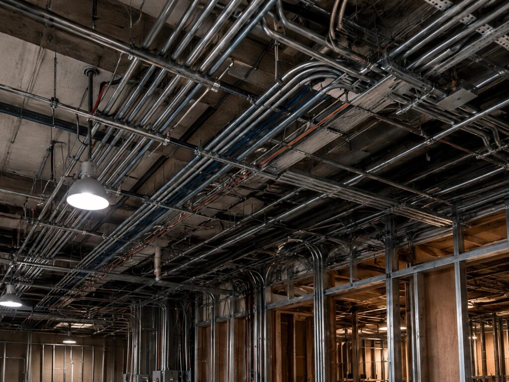 Exposed electrical conduits and pipes run along the unfinished ceiling and walls of a building under construction, with metal framing and overhead lights visible.