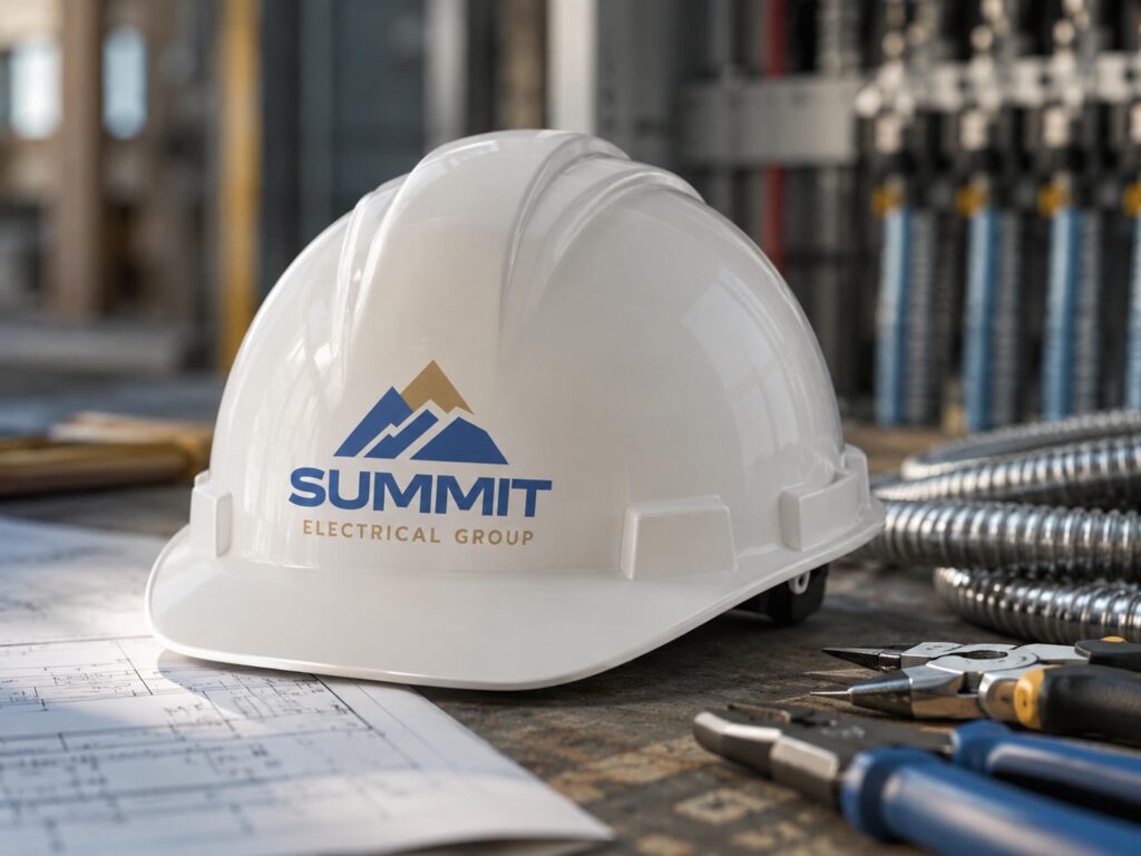 A white hard hat with the Summit Electrical Group logo rests on a worktable with blueprints, tools, and electrical conduit in the background.