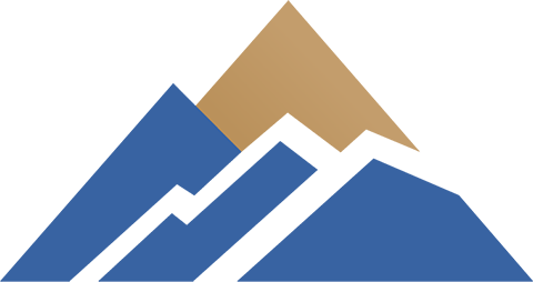 Stylized image of three overlapping mountain peaks, two in blue and one in gold, on a white background, inspired by Ben Smith.